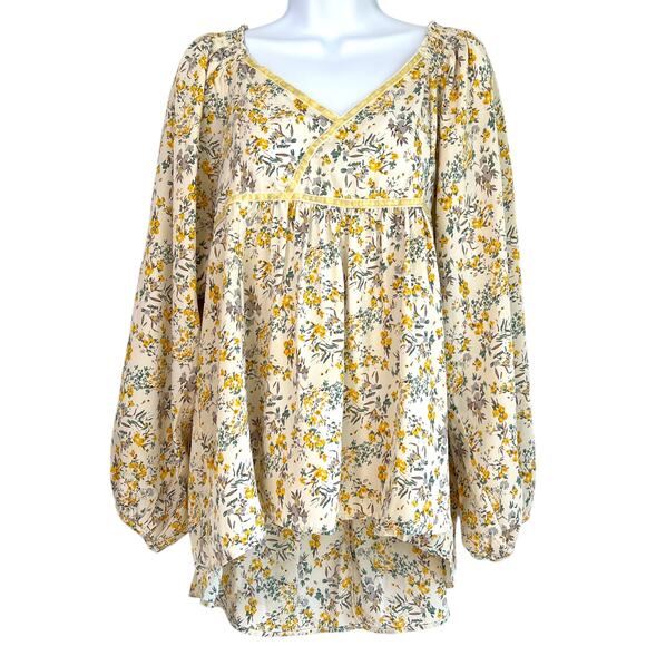 Umgee Tops - Umgee Womens Floral Babydoll Top Yellow Gray Size Medium Boho Romantic Fairy